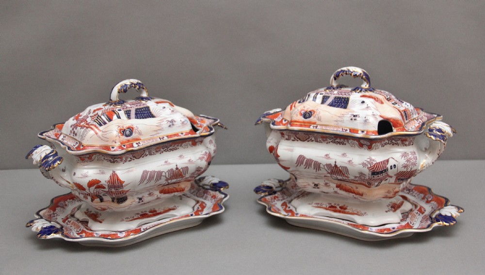 Pair 19th Century Masons iron stone tureens View II