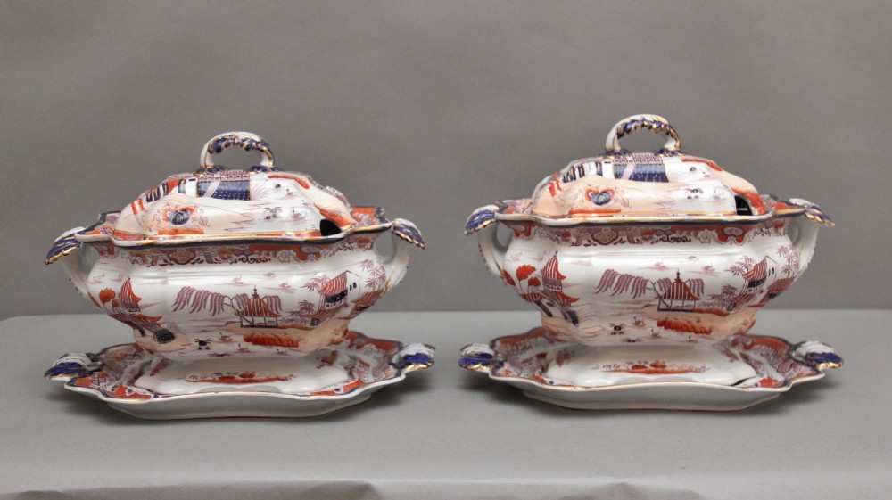 Pair 19th Century Masons iron stone tureens View III