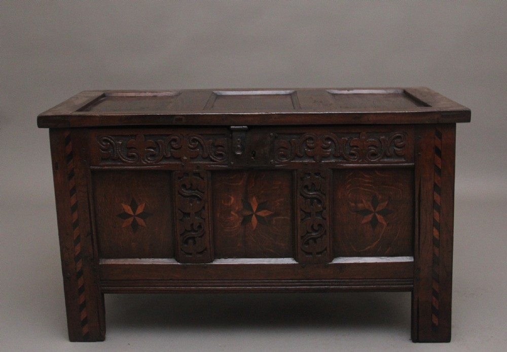 18th Century carved and inlaid oak coffer View II