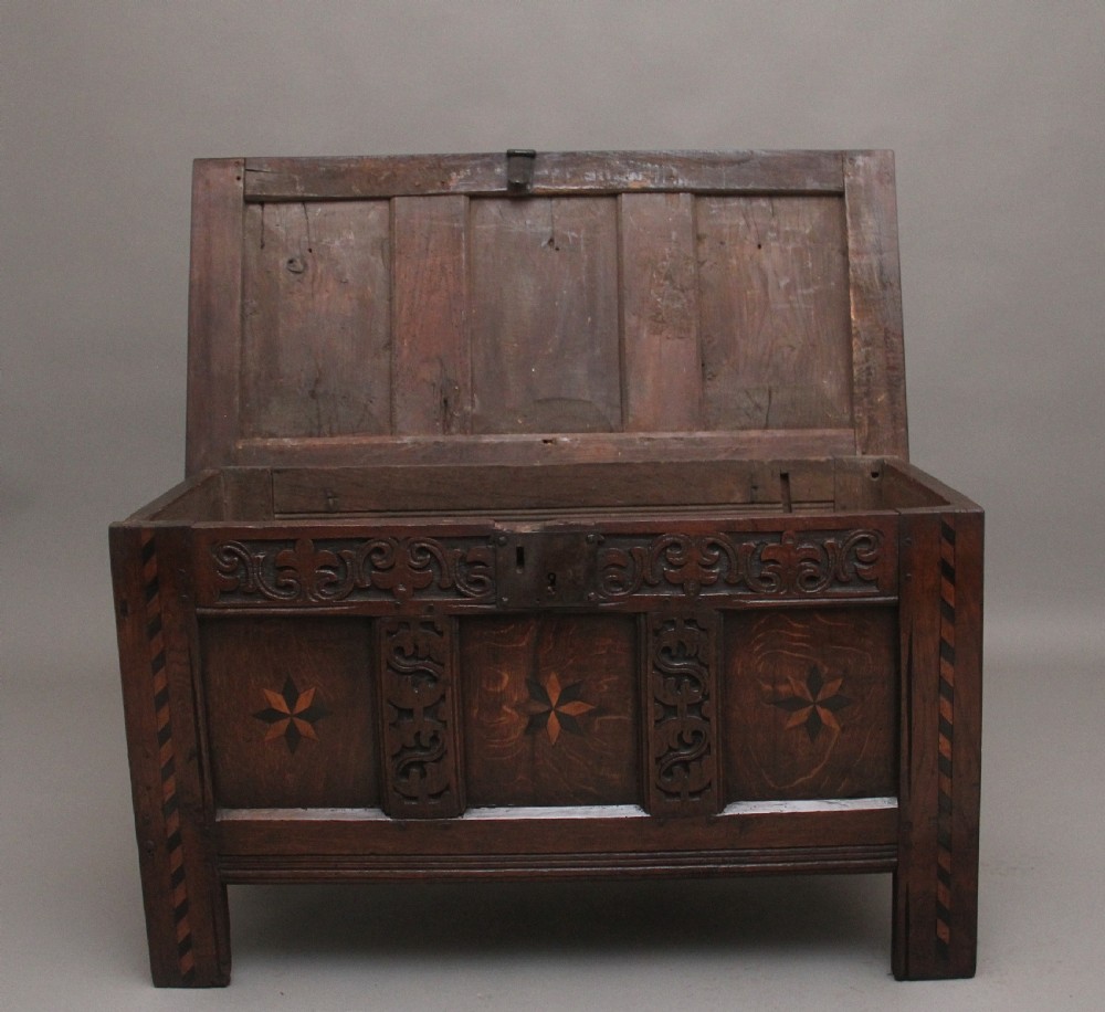 18th Century carved and inlaid oak coffer View V