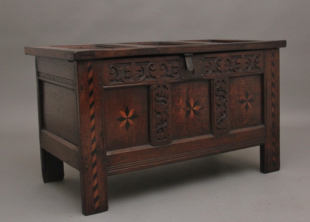 18th Century carved and inlaid oak coffer View VII