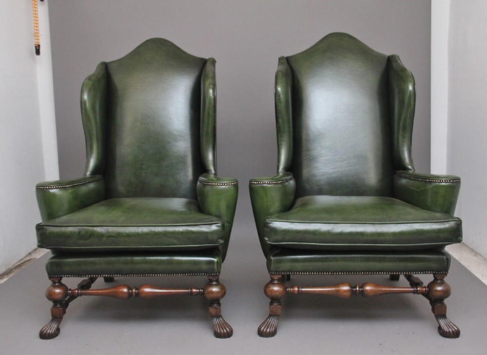 Large pair of early 20th Century walnut wingback armchairs  View II
