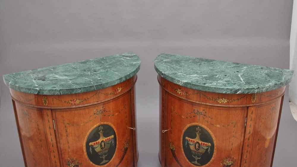 Pair of early 20th Century satinwood and painted demi lune cabinets View IV