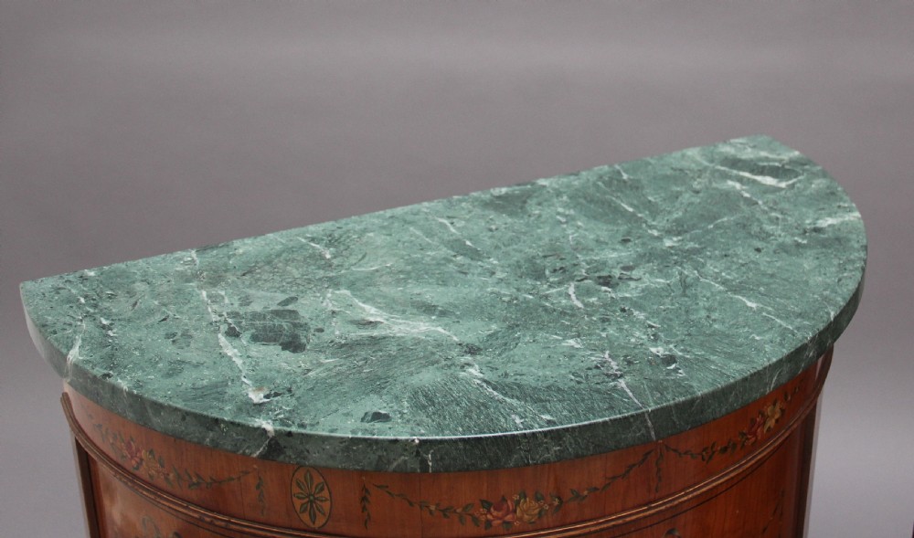 Pair of early 20th Century satinwood and painted demi lune cabinets View V