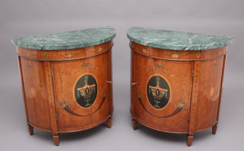 Pair of early 20th Century satinwood and painted demi lune cabinets View VII