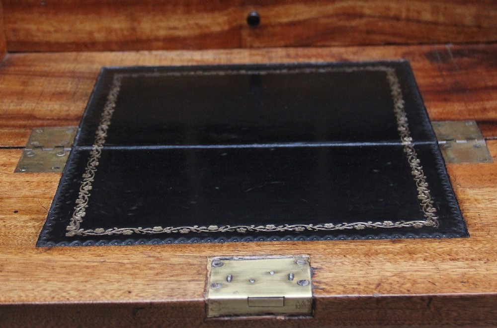 A 19th-century camphor wood military campaign chest featuring brass corner mounts, flush handles, ebonised drawer surrounds, and turned feet. View V