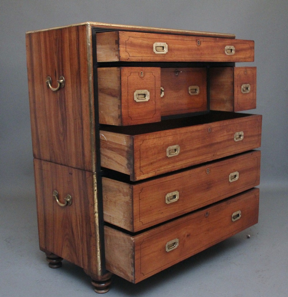 A 19th-century camphor wood military campaign chest featuring brass corner mounts, flush handles, ebonised drawer surrounds, and turned feet. View X