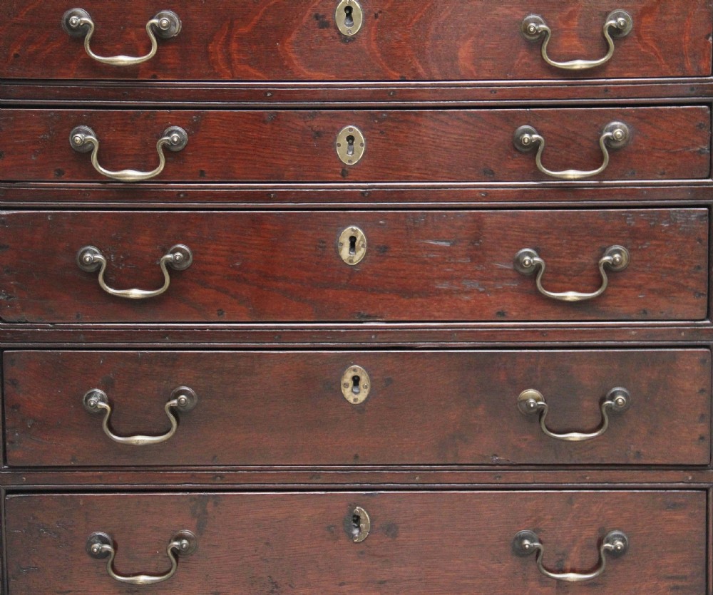 An 18th-century Georgian dark oak chest of drawers featuring five horizontal graduated drawers with brass swan-neck handles, brass escutcheons, and bracket feet. View VII
