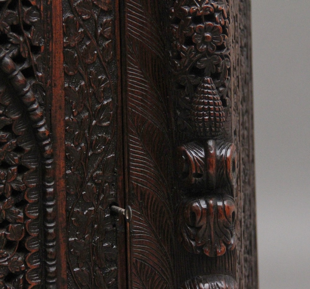 A 19th-century dark wood Anglo-Indian cabinet featuring intricate pierced floral carving, an arched panel door, and carved lion feet. View XIII