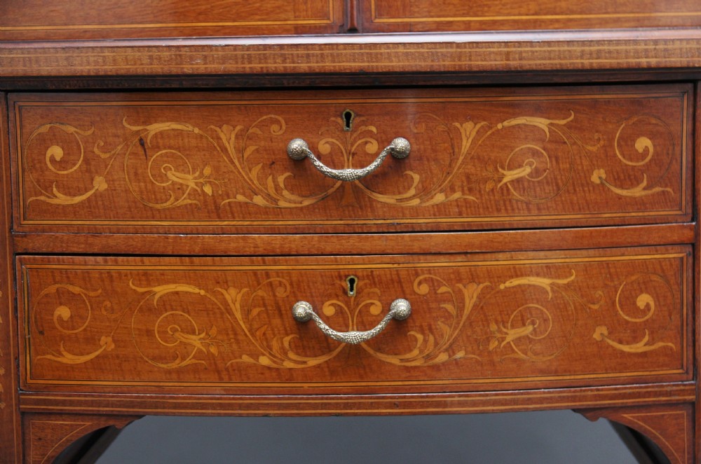 A late 19th-century bow-fronted mahogany display cabinet featuring glazed doors, satinwood marquetry inlay, slender square legs, and an undertier. View XIII
