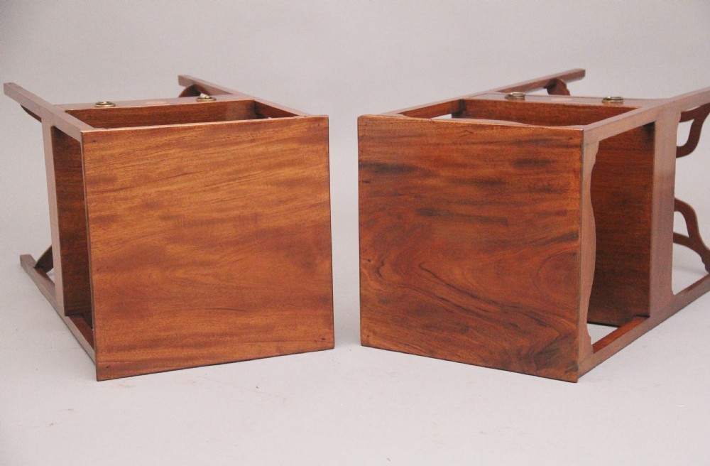 A near pair of tall 19th-century mahogany bedside tables featuring fan marquetry inlay, single drawers with brass ring handles, open upper shelves, and decorative cross-stretchers. View VIII