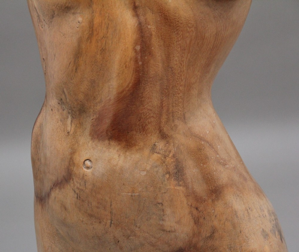 A life-size carved wooden female torso sculpture displayed against a neutral grey background. View XIV