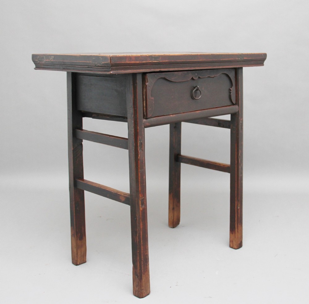A nineteenth-century dark brown Chinese elm side table featuring a single drawer with a metal ring pull and straight square legs. View III