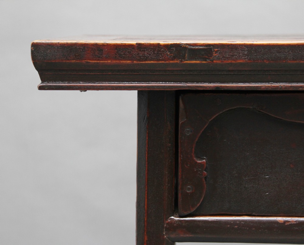 A nineteenth-century dark brown Chinese elm side table featuring a single drawer with a metal ring pull and straight square legs. View VIII