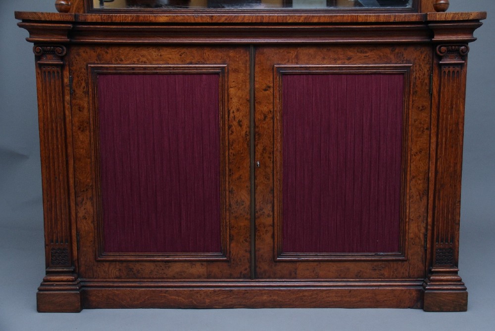 A nineteenth-century pollard oak cabinet featuring a mirrored gallery top, fluted column pillars, and twin doors with fabric-lined panels. View VIII