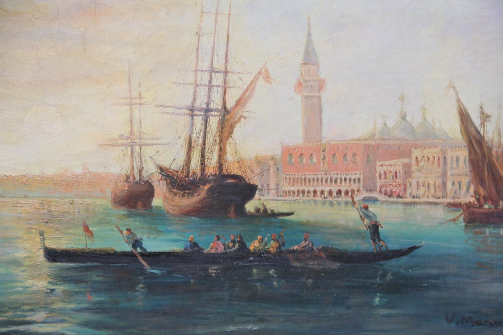 An early 20th-century oil painting depicting gondolas and ships on the Venetian lagoon, set within an ornate gilded frame. View III