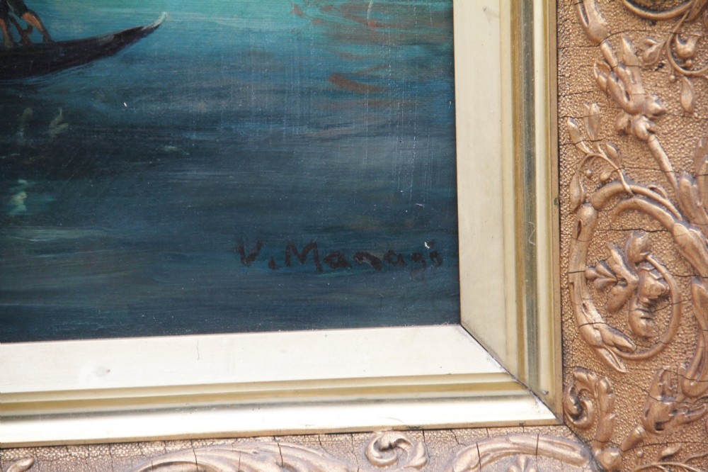 An early 20th-century oil painting depicting gondolas and ships on the Venetian lagoon, set within an ornate gilded frame. View V