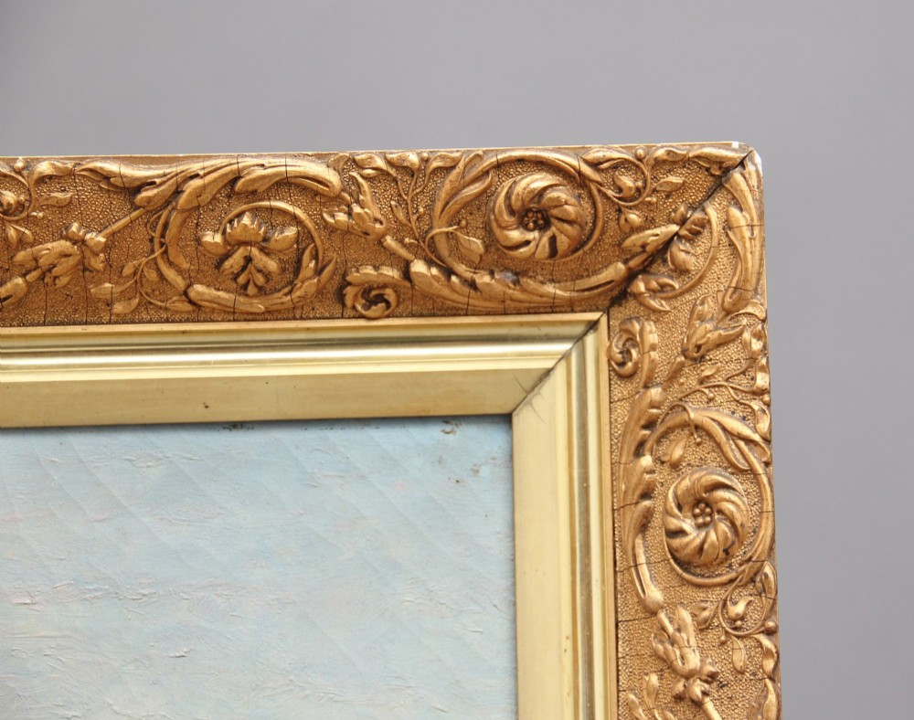 An early 20th-century oil painting depicting gondolas and ships on the Venetian lagoon, set within an ornate gilded frame. View VI