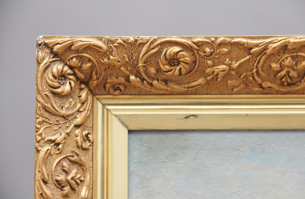 An early 20th-century oil painting depicting gondolas and ships on the Venetian lagoon, set within an ornate gilded frame. View VIII
