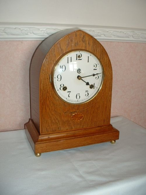 Lancet Topped Oak Bracket Clock.