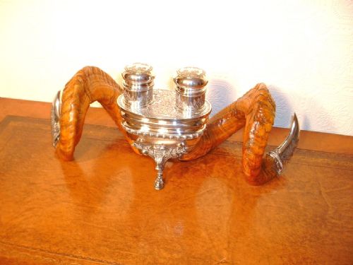 Rams Horn Silver Inkstand.