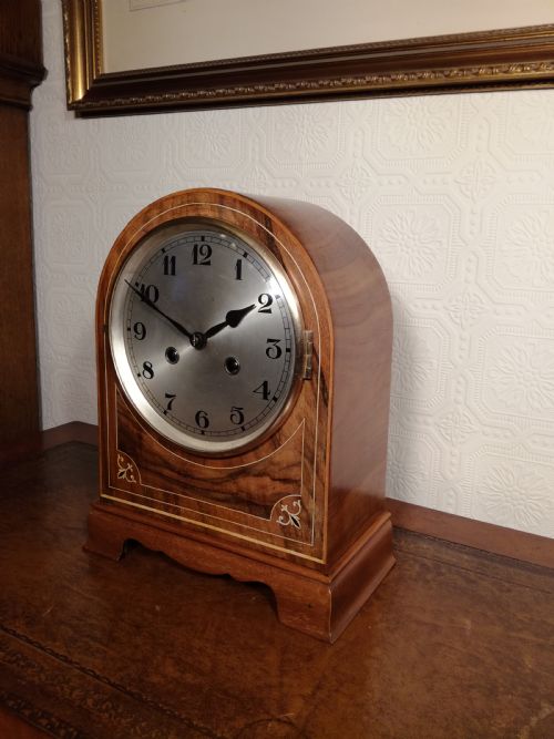 Gorgeous Honey-coloured Walnut Striking Mantel Clock.