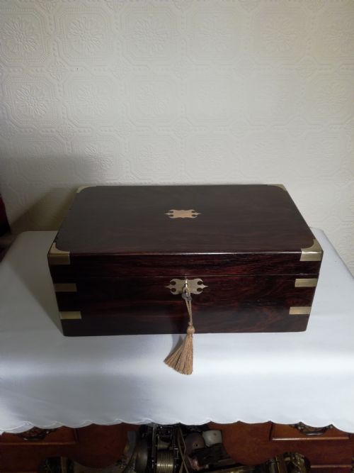 fig 1. Victorian Brass-bound, Rosewood Writing Slope. Secret Drawers.
