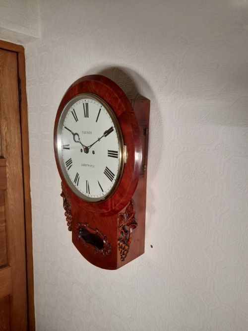 fig 1. Twin Fusee, Bell striking, Mahogany Wall Clock. TURNER of DROITWICH.