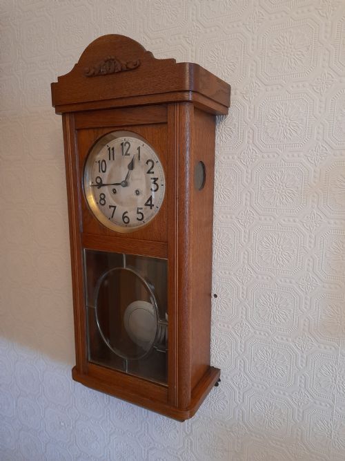fig 1. Arts & Crafts, Golden Oak, Wall Clock by JUNGHANS.