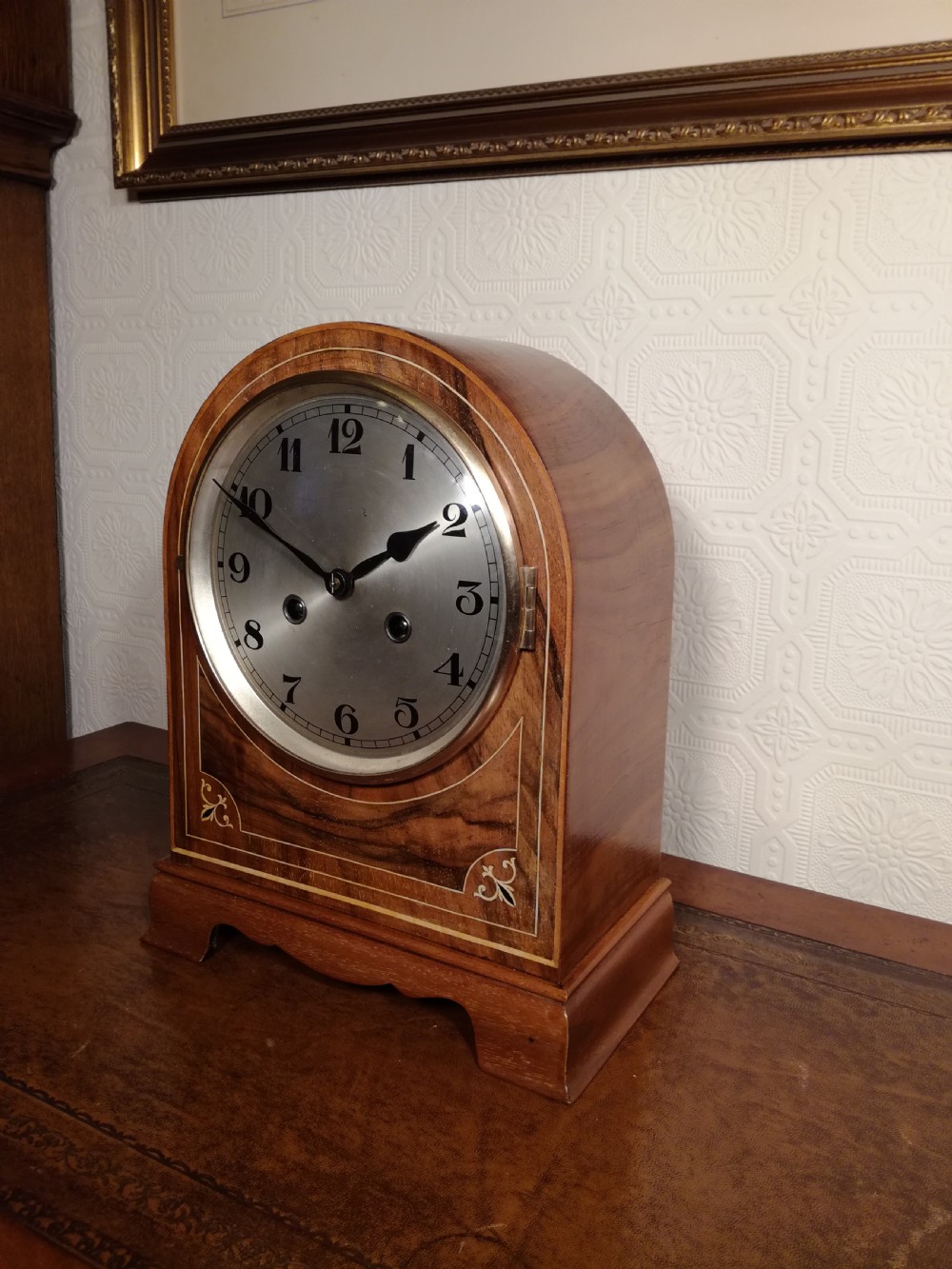 Gorgeous Honey-Coloured Walnut Striking Mantel Clock.