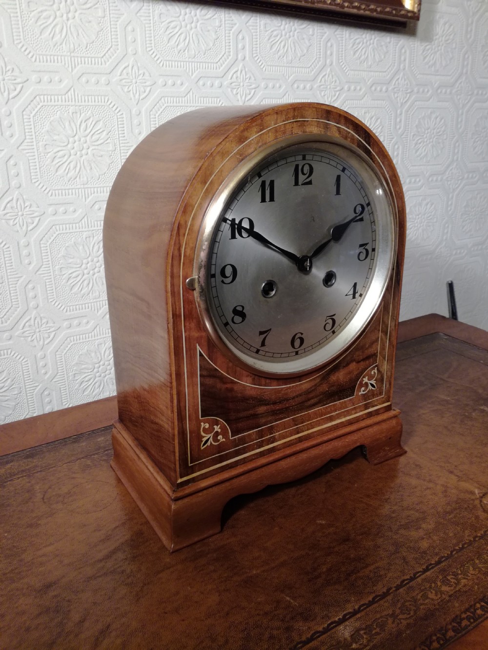 Gorgeous Honey-Coloured Walnut Striking Mantel Clock. View II