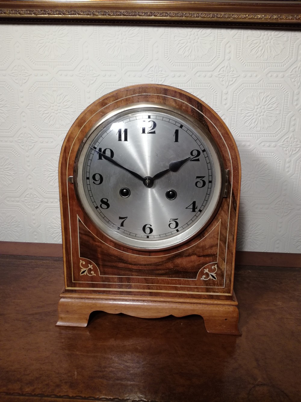 Gorgeous Honey-Coloured Walnut Striking Mantel Clock. View III