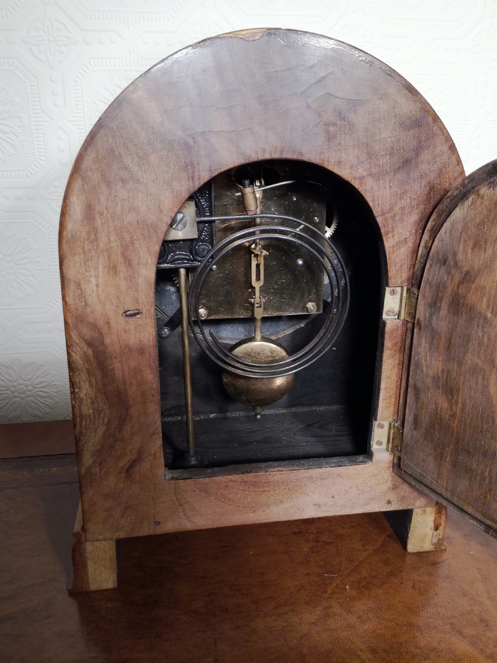 Gorgeous Honey-Coloured Walnut Striking Mantel Clock. View IV