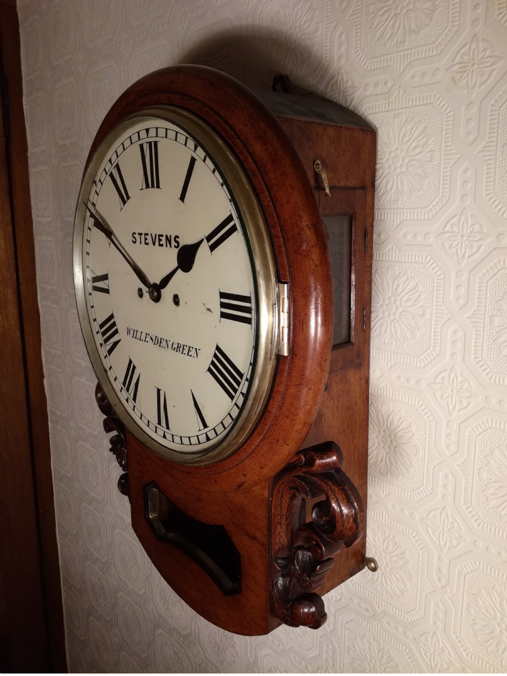 Twin-Fusee, Striking, Drop-dial Wall Clock View V