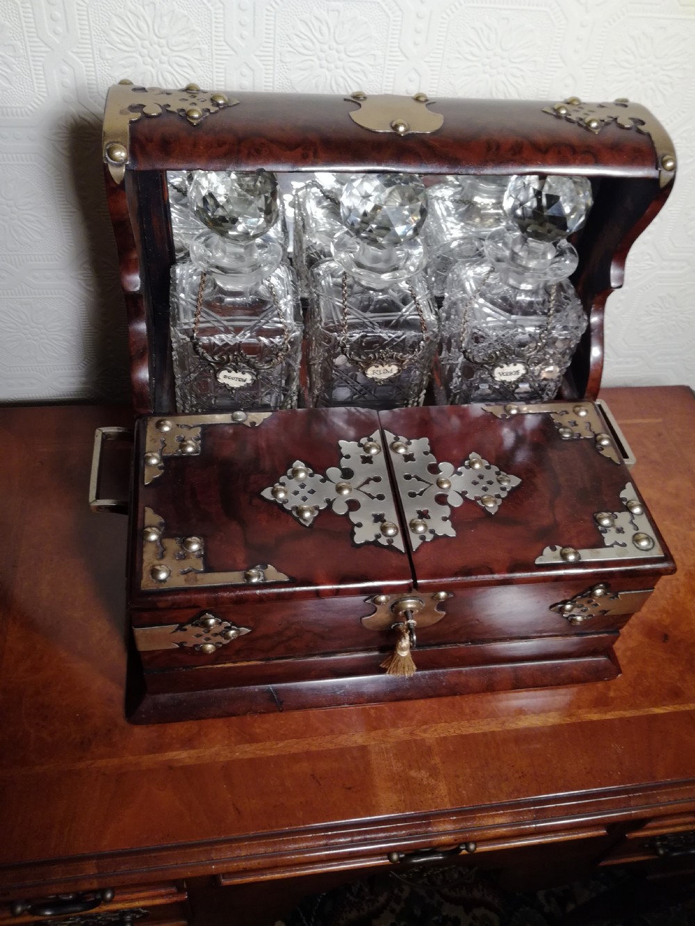 Victorian Burr-Walnut Tantalus with Games Compendium View III