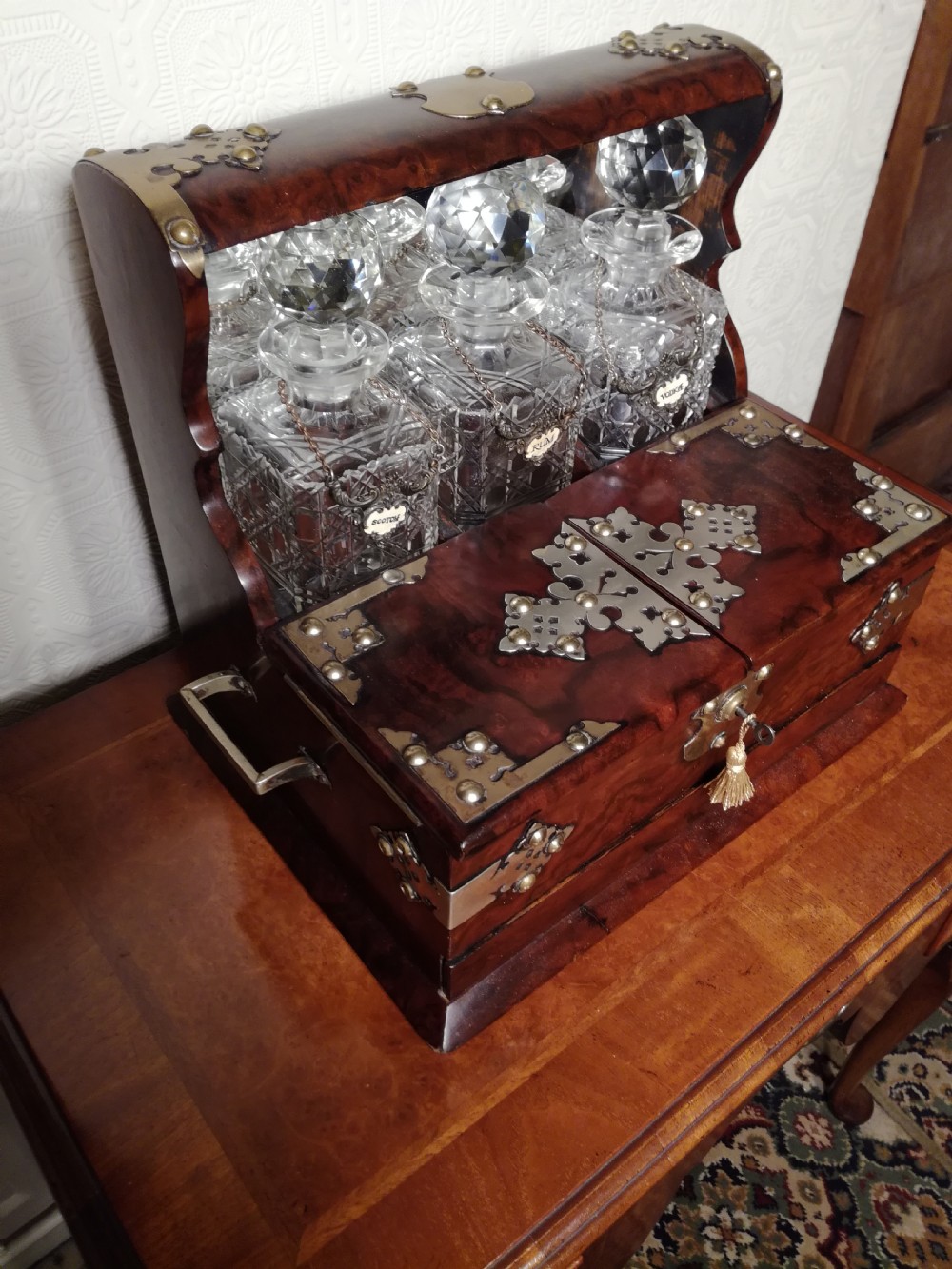 Victorian Burr-Walnut Tantalus with Games Compendium View IV