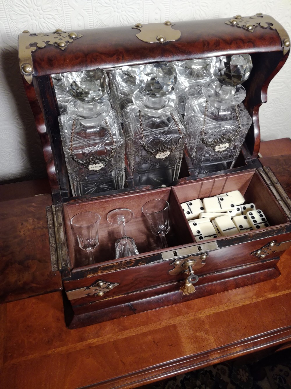 Victorian Burr-Walnut Tantalus with Games Compendium View V