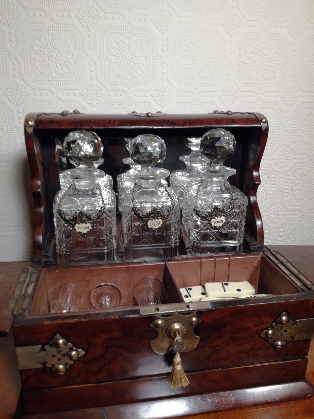 Victorian Burr-Walnut Tantalus with Games Compendium View X