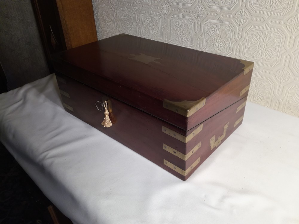 Victorian, Mahogany, Brass Bound Campaign Writing Slope. View IV