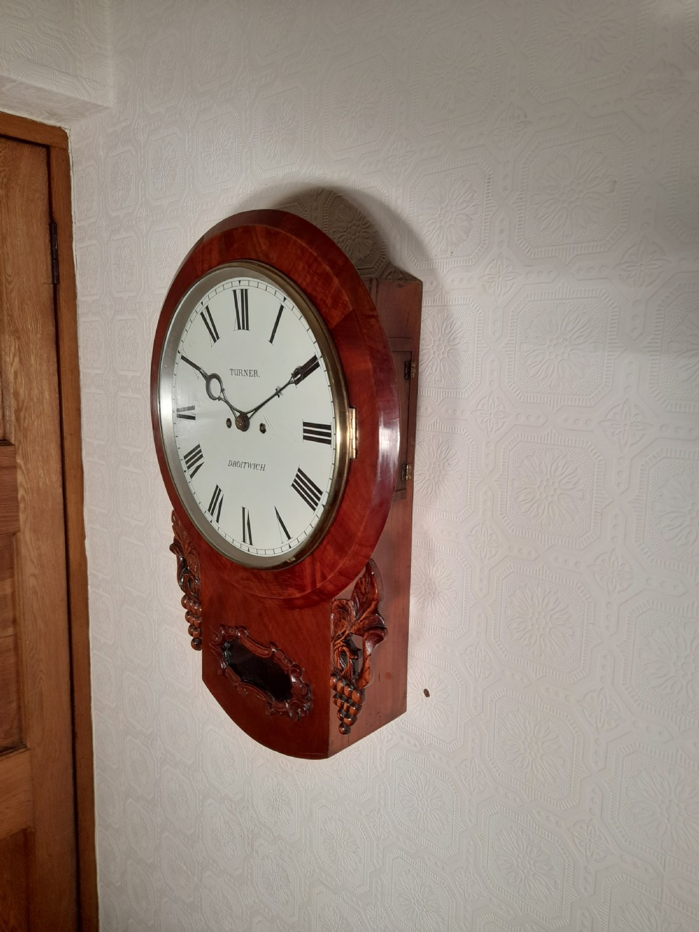 Twin Fusee, Bell striking, Mahogany Wall Clock. TURNER of DROITWICH. View II
