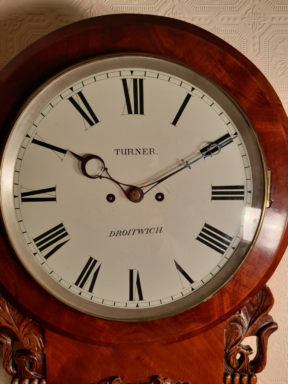 Twin Fusee, Bell striking, Mahogany Wall Clock. TURNER of DROITWICH. View IV