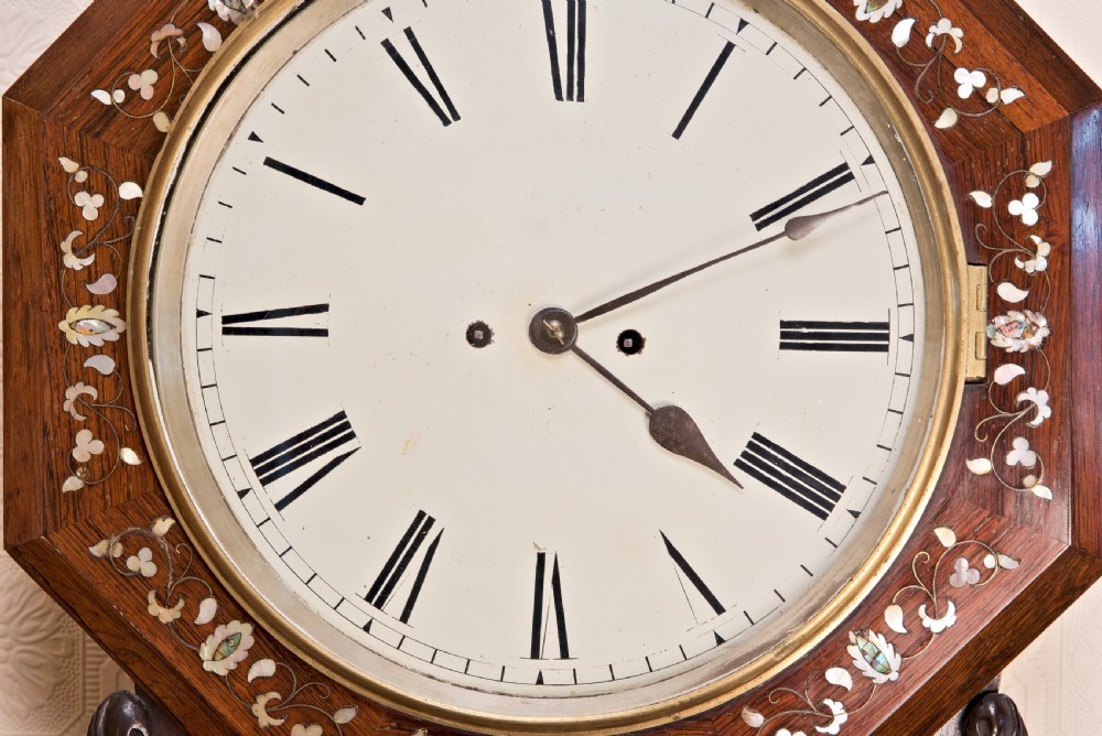 Victorian octagonal drop-dial wall clock crafted in rosewood with intricate mother-of-pearl floral inlay and a white Roman numeral dial. View II