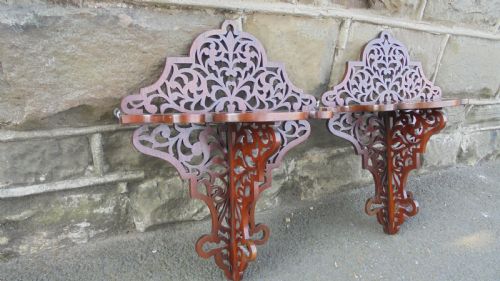 Pair Antique Walnut Fret Work Wall Brackets
