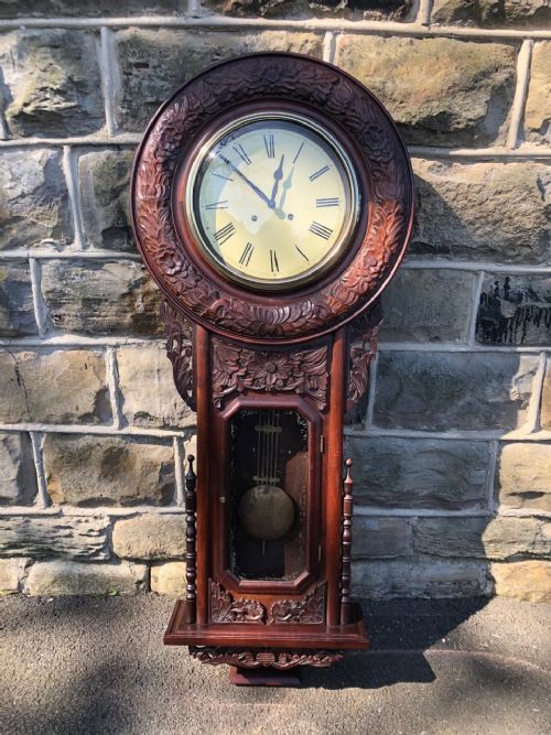 Antique Carved Walnut Drop Dial Wall Clock