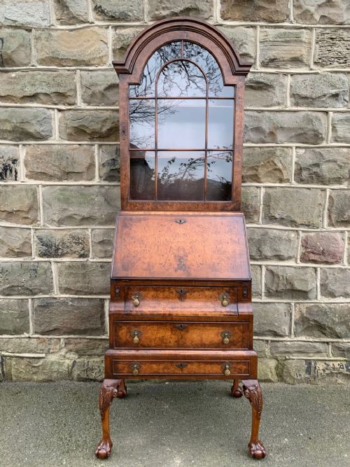 Antique Slim Burr Walnut Bureaux Bookcase