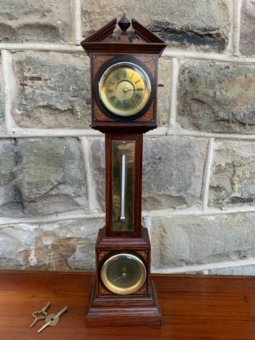 Antique Inlaid Rosewood Miniature Grandfather Clock & Barometer
