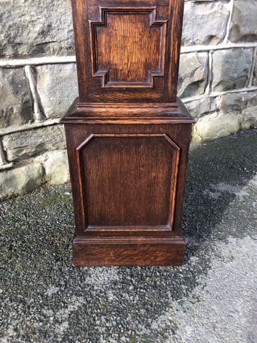 fig 1. An antique dark oak granddaughter clock featuring an arched bonnet, brass dial with Roman numerals, and geometric moulded panelling on the trunk.