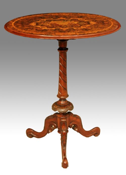 a fine victorian burr walnut inlaid oval tripod table - CATEGORY: ANTIQUE TABLES - DATED VICTORIAN