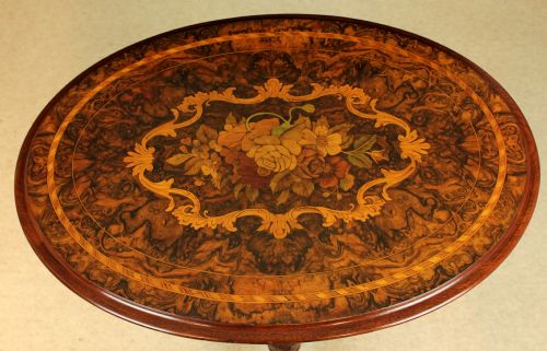 A FINE VICTORIAN BURR WALNUT INLAID OVAL TRIPOD TABLE - ADDITIONAL PHOTO 2
