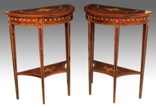 a pair of exhibition quality late victorian rosewood inlaid demi lune side tables by edwards roberts - CATEGORY: ANTIQUE TABLES - DATED VICTORIAN